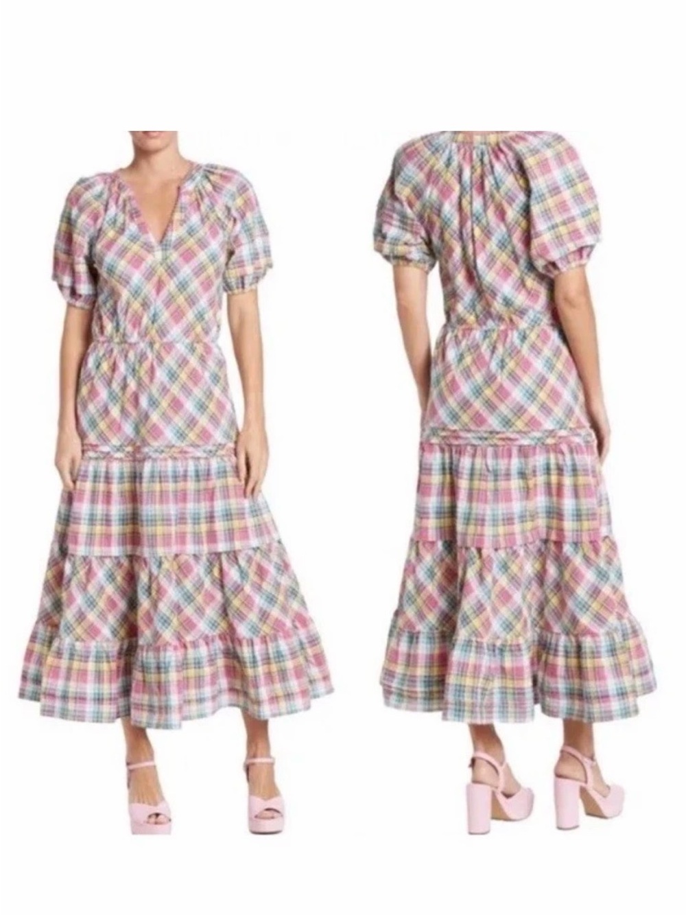 Betsey Johnson Madras Puff Sleeve Tiered Midi Dress size Large - Picture 1 of 4